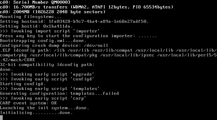 Log boot OPNsense menjalankan script awal upgrade, configd, templates, dan carp, lalu menampilkan Launching the init system done dan Initializing done