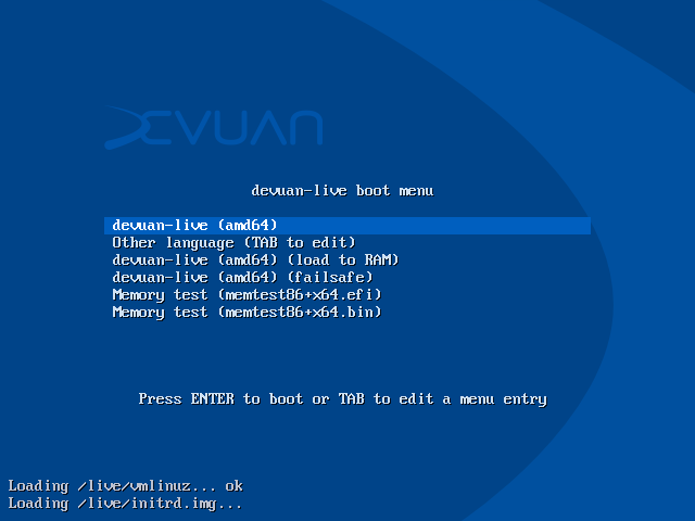 Layar boot menu Devuan dengan pesan Loading /live/vmlinuz... ok dan Loading /live/initrd.img... di pojok kiri bawah