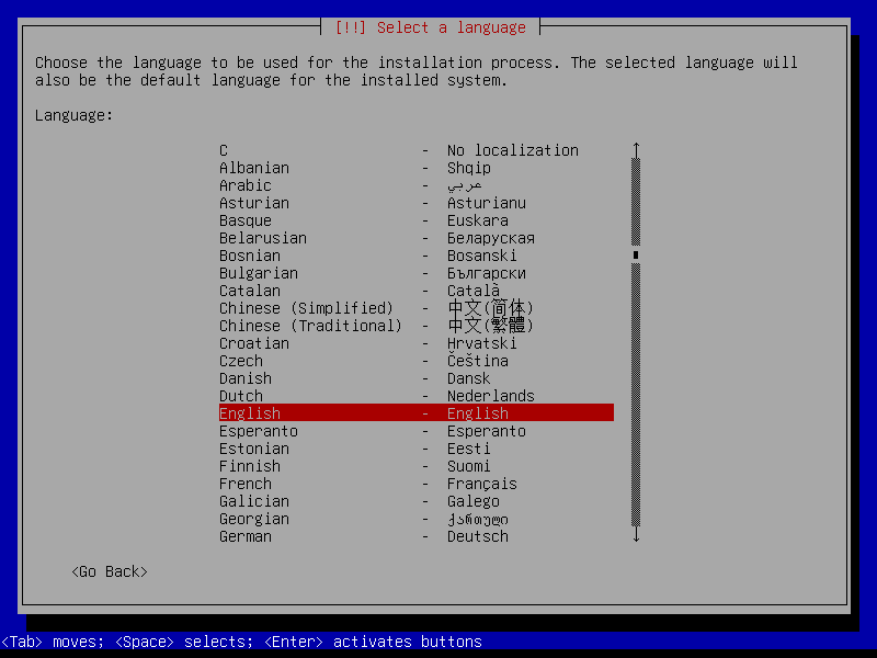 Dialog biru Debian Installer Select a language dengan daftar bahasa dan baris English tersorot merah