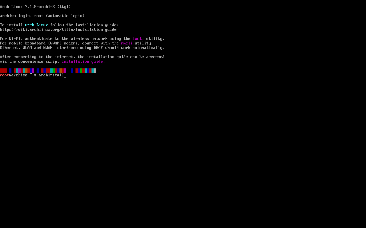 Prompt root Arch Linux dengan perintah archinstall sudah diketik