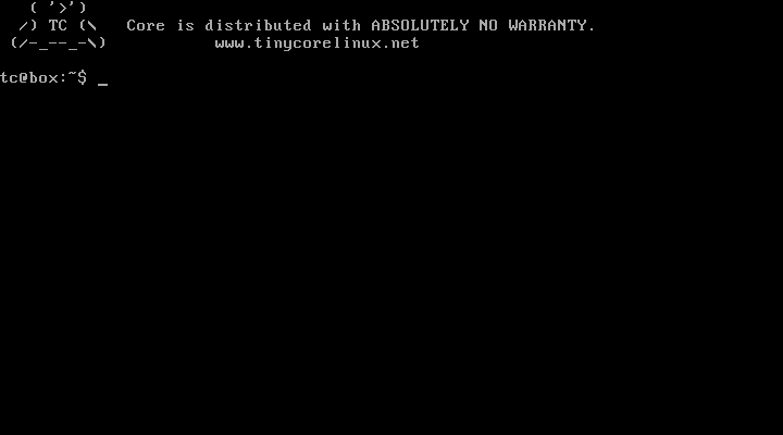 Prompt teks Tiny Core dengan gambar ASCII dan tulisan tc@box