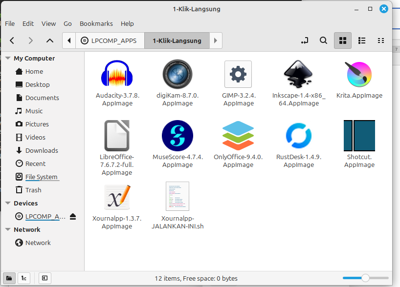 Daftar aplikasi dengan ikon aslinya: Audacity, GIMP, Inkscape, Krita, LibreOffice, OnlyOffice, Shotcut