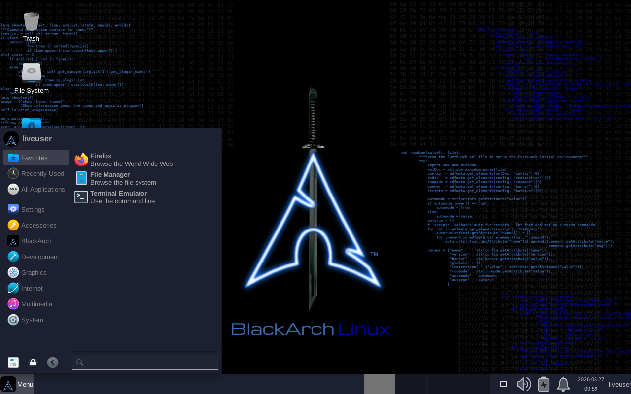 Panel menu aplikasi BlackArch terbuka dengan bagian Favorites berisi Firefox, File Manager, Terminal Emulator, dan sidebar kategori Recently Used, All Applications, Settings, Accessories, BlackArch, Development, Graphics, Internet, Multimedia, System, dengan kolom pencarian di bawah