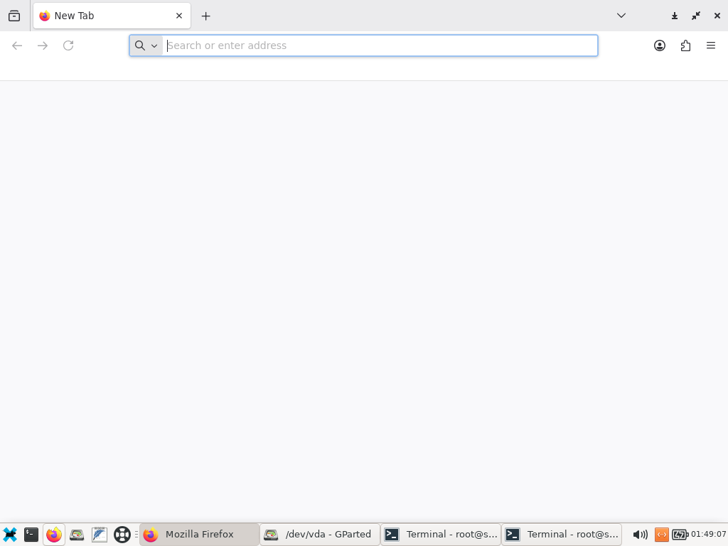 Firefox terbuka di SystemRescue menampilkan halaman tab baru kosong