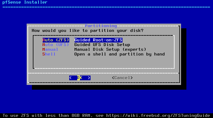 Layar Partitioning dengan pilihan Auto ZFS Guided Root-on-ZFS tersorot, Auto UFS Guided UFS Disk Setup, Manual, dan Shell, disertai peringatan RAM di bawah 8GB untuk ZFS