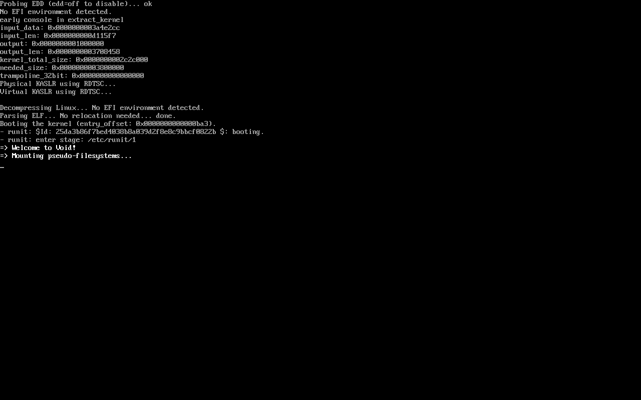 Layar teks proses boot Void Linux menampilkan pesan probing EDD, dekompresi kernel, lalu baris runit booting, enter stage /etc/rc/1, Welcome to Void!, dan Mounting pseudo-filesystems
