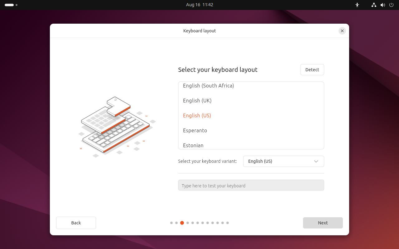 Layar Keyboard layout Ubuntu dengan English (US) terpilih dan tombol Detect