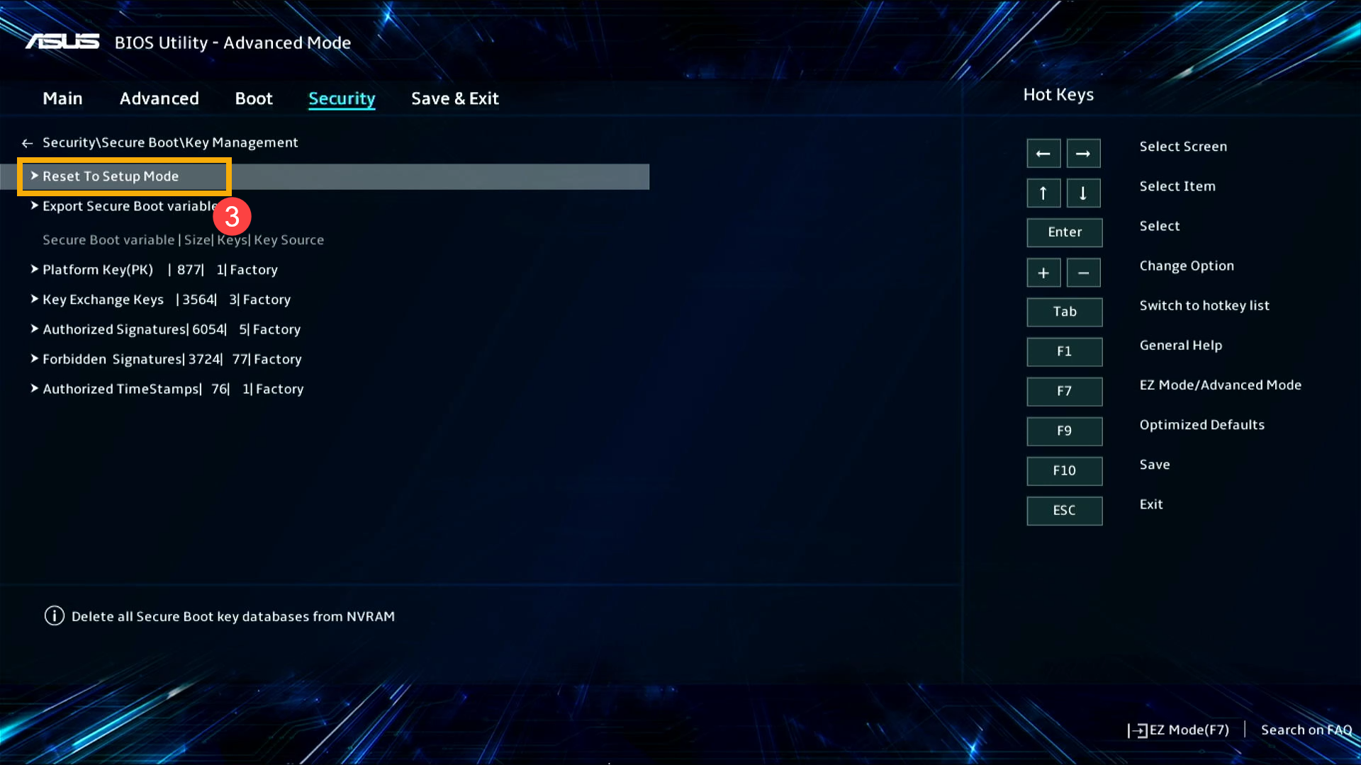 Menu Key Management di dalam pengaturan Secure Boot Asus