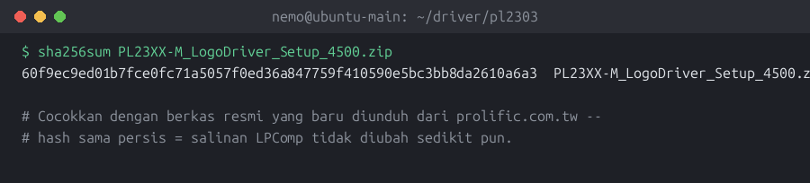 Terminal menampilkan sha256sum berkas driver PL2303 yang dihost LPComp, cocok dengan checksum resmi Prolific