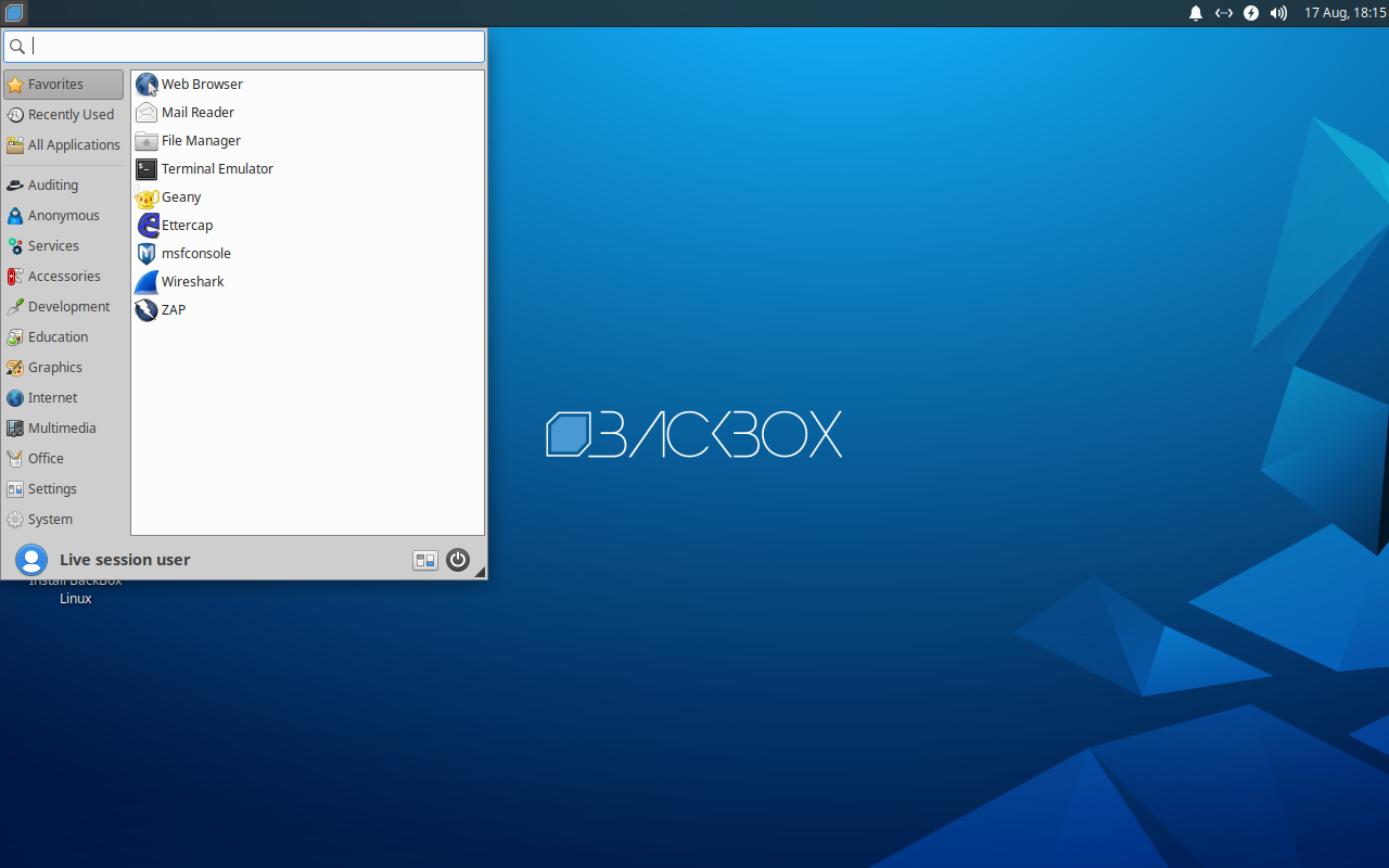 Menu aplikasi BackBox dengan kategori Auditing, Anonymous, dan Services serta pintasan Ettercap, msfconsole, Wireshark, dan ZAP