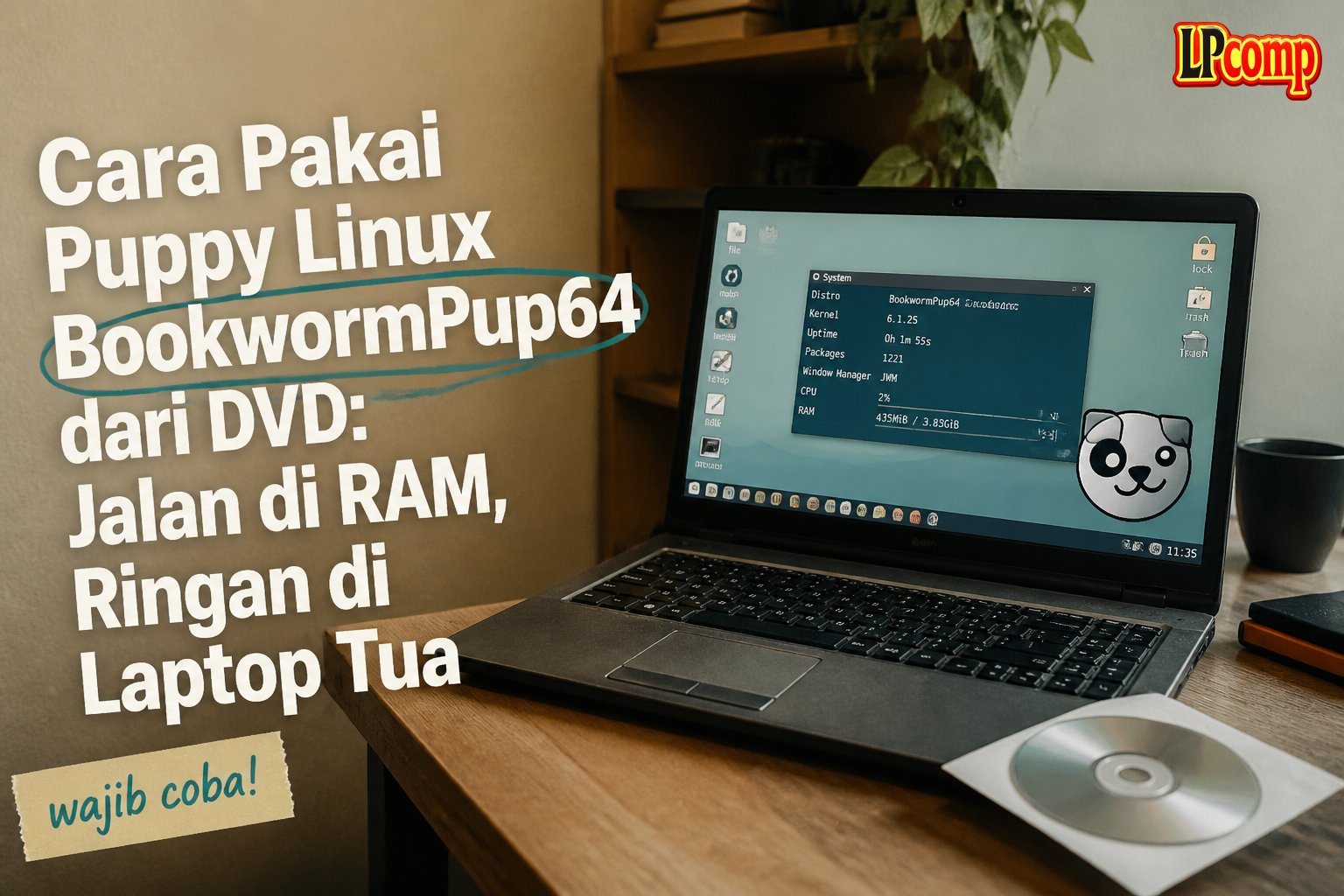 Cara Pakai Puppy Linux BookwormPup64 dari DVD: Jalan di RAM, Ringan di Laptop Tua