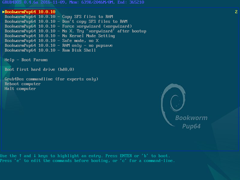 Menu boot GRUB4DOS BookwormPup64 10.0.10 dengan daftar pilihan Copy SFS files to RAM, RAM only - no pupsave, Safe mode, dan Boot first hard drive