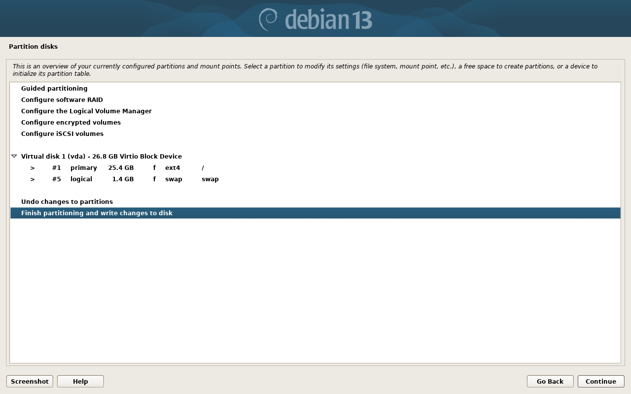 Layar ringkasan partisi Debian dengan baris Finish partitioning and write changes to disk tersorot