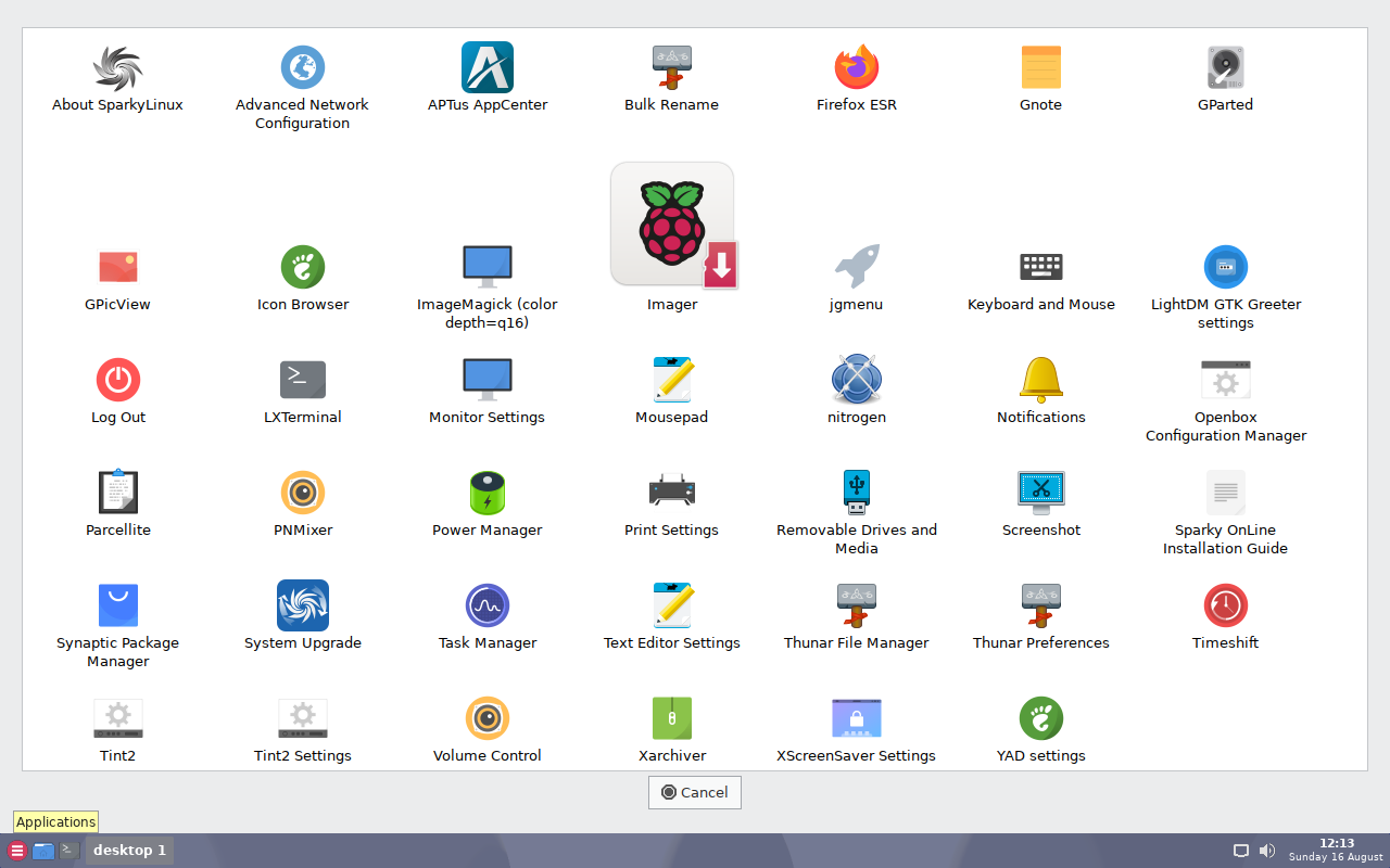 Menu aplikasi SparkyLinux menampilkan ikon-ikon aplikasi termasuk GParted, Timeshift, Synaptic, dan Firefox ESR