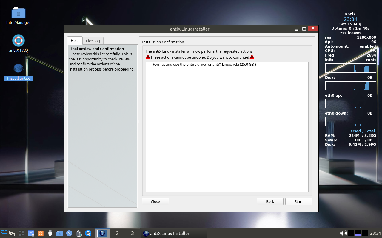 Layar Installation Confirmation antiX dengan peringatan These actions cannot be undone