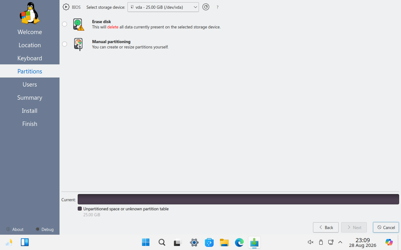 Layar Partitions pemasang Linuxfx sebelum ada pilihan dibuat, tombol Next masih redup