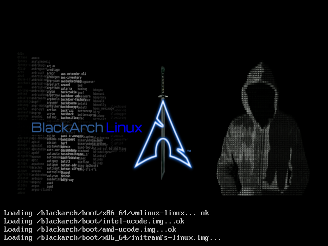 Layar splash BlackArch Linux dengan logo pedang biru dan teks Loading vmlinuz-linux, intel-ucode.img ok, amd-ucode.img ok, initramfs-linux.img, dengan latar nama-nama tool pentest berjejer di kiri layar
