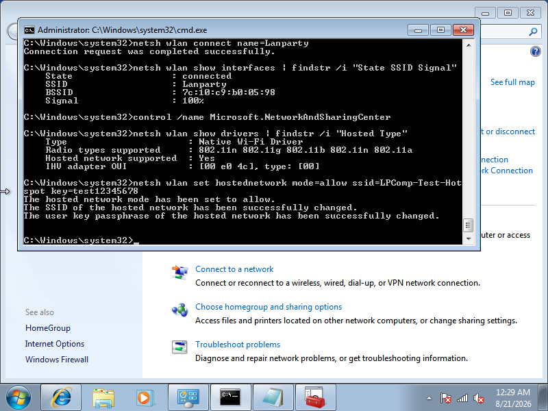 Command prompt menunjukkan hasil netsh wlan set hostednetwork berhasil mengubah mode SSID dan password