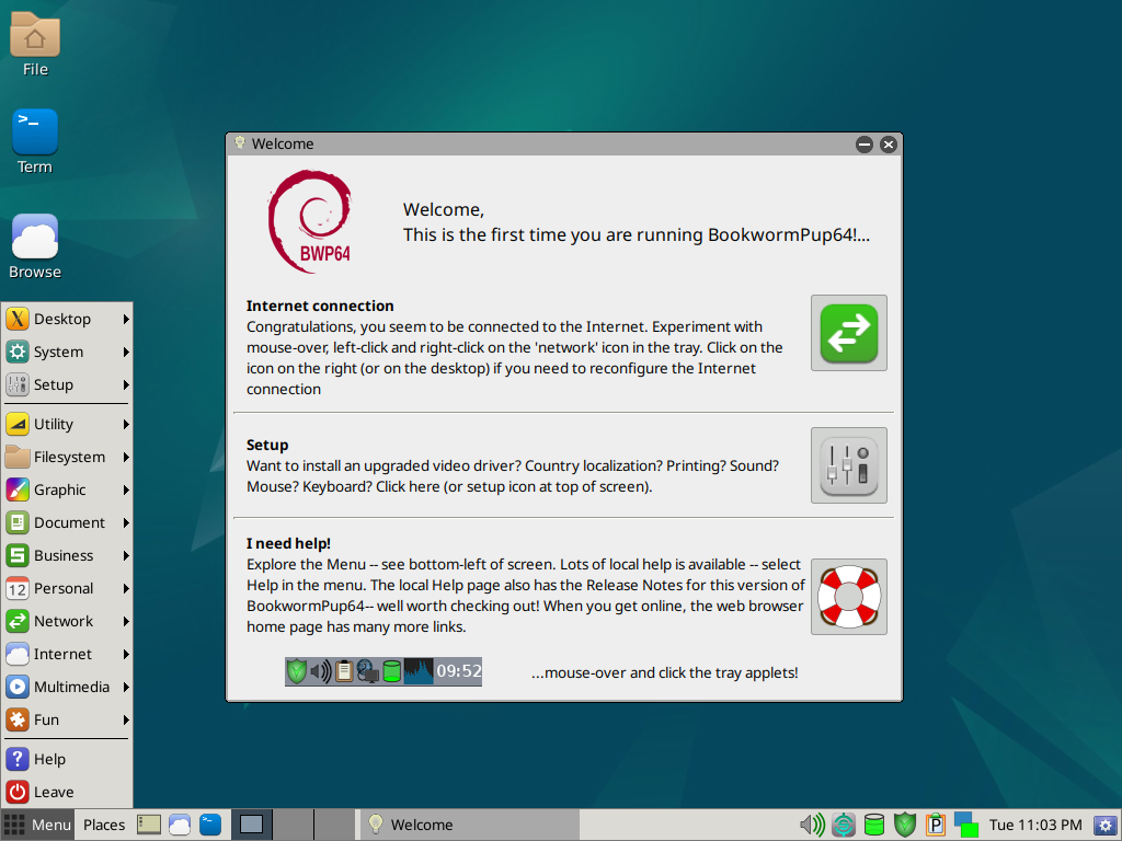 Menu utama BookwormPup64 terbuka menampilkan kategori Desktop, System, Setup, Utility, Filesystem, Graphic, Document, Business, Personal, Network, Internet, Multimedia, dan Fun, dengan jendela Welcome di belakangnya