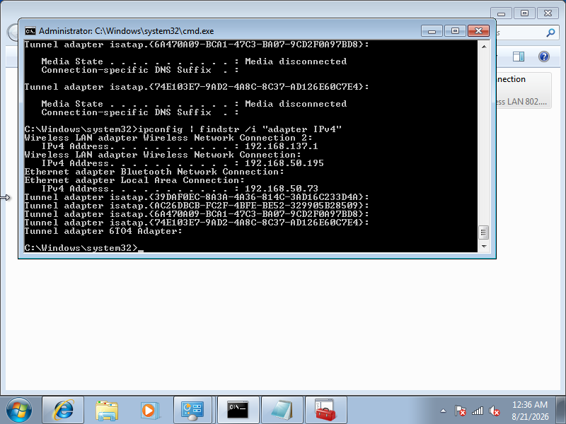 ipconfig menunjukkan Wireless Network Connection 2 mendapat alamat IP 192.168.137.1