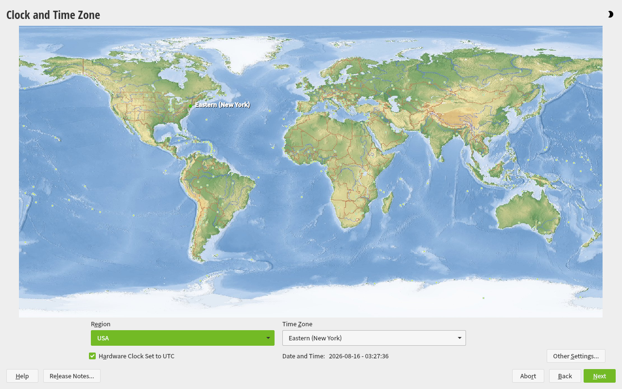 Layar Clock and Time Zone openSUSE dengan Region USA dan Eastern New York terpilih
