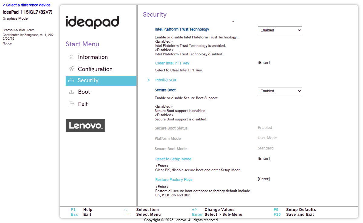 Detail pengaturan Secure Boot IdeaPad