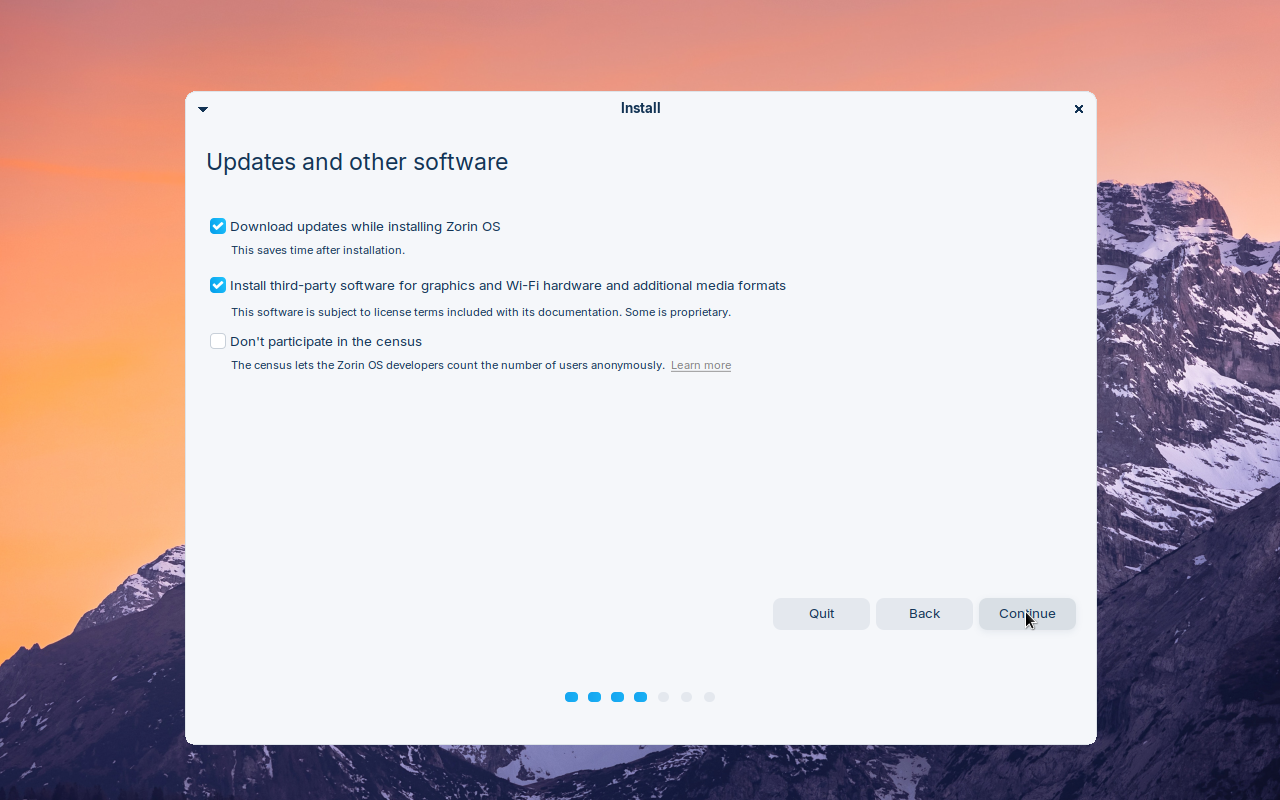 Layar Updates and other software pemasang Zorin OS dengan opsi Download updates while installing dan Install third-party software untuk grafis dan Wi-Fi tercentang