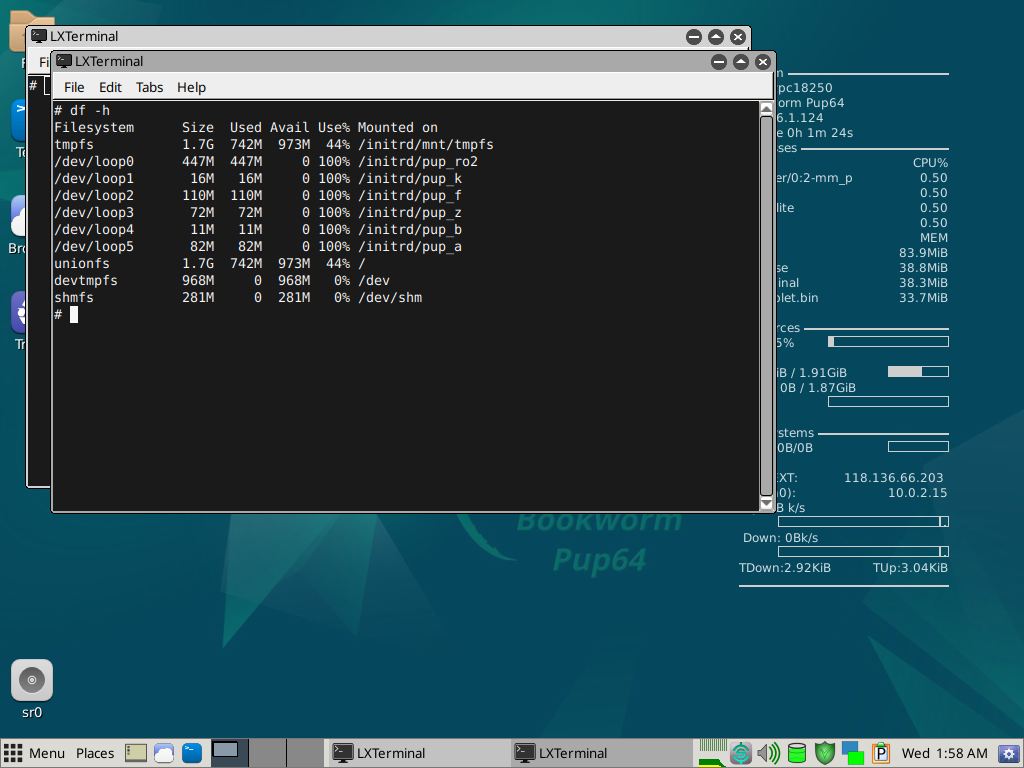 Jendela terminal LXTerminal menampilkan hasil perintah df -h dengan filesystem tmpfs 1,7G terpakai 742M dan unionfs 1,7G terpakai 742M ter-mount di root /, membuktikan sistem berjalan sepenuhnya di memori
