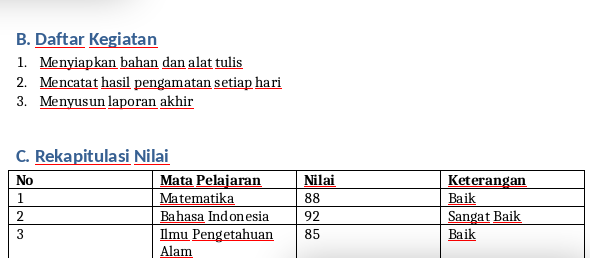 Tabel bergaris dengan header tebal, tetap rapi