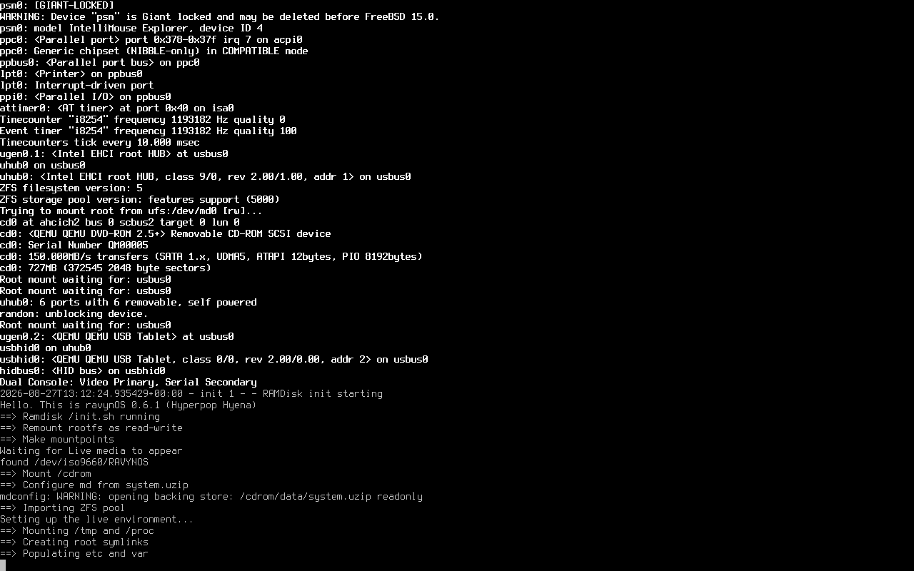 Log boot live environment ravynOS menampilkan pesan Hello. This is ravynOS 0.6.1 (Hyperpop Hyena) saat sistem live disiapkan dari DVD