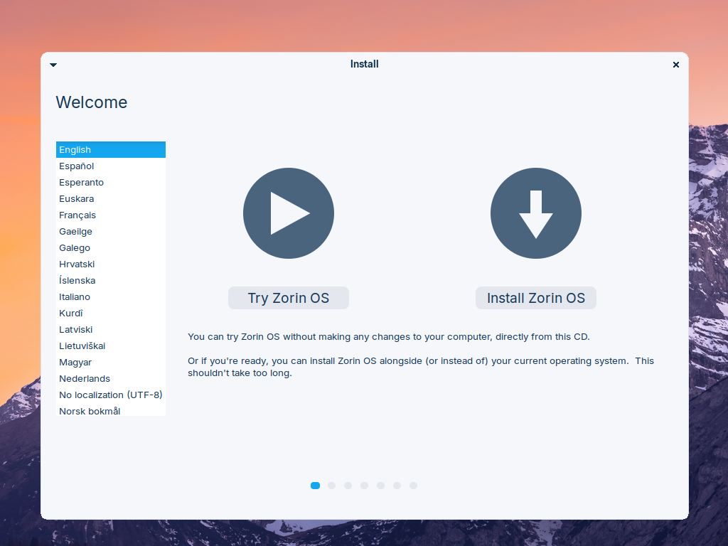 Layar Welcome pemasang Zorin OS dengan daftar bahasa dan pilihan Try Zorin OS atau Install Zorin OS