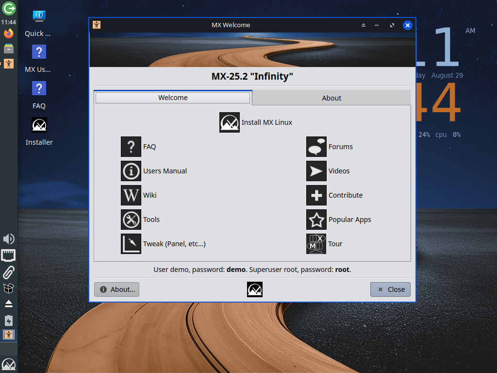 Jendela MX Welcome berjudul MX-25.2 Infinity berisi tombol Install MX Linux, FAQ, Users Manual, Wiki, Tools, Tweak, Forums, Videos, Contribute, Popular Apps dan Tour