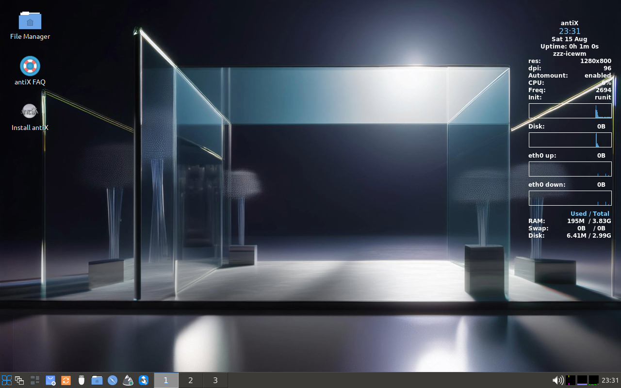 Desktop live antiX dengan ikon Install antiX di kiri dan panel pemantau sistem di kanan