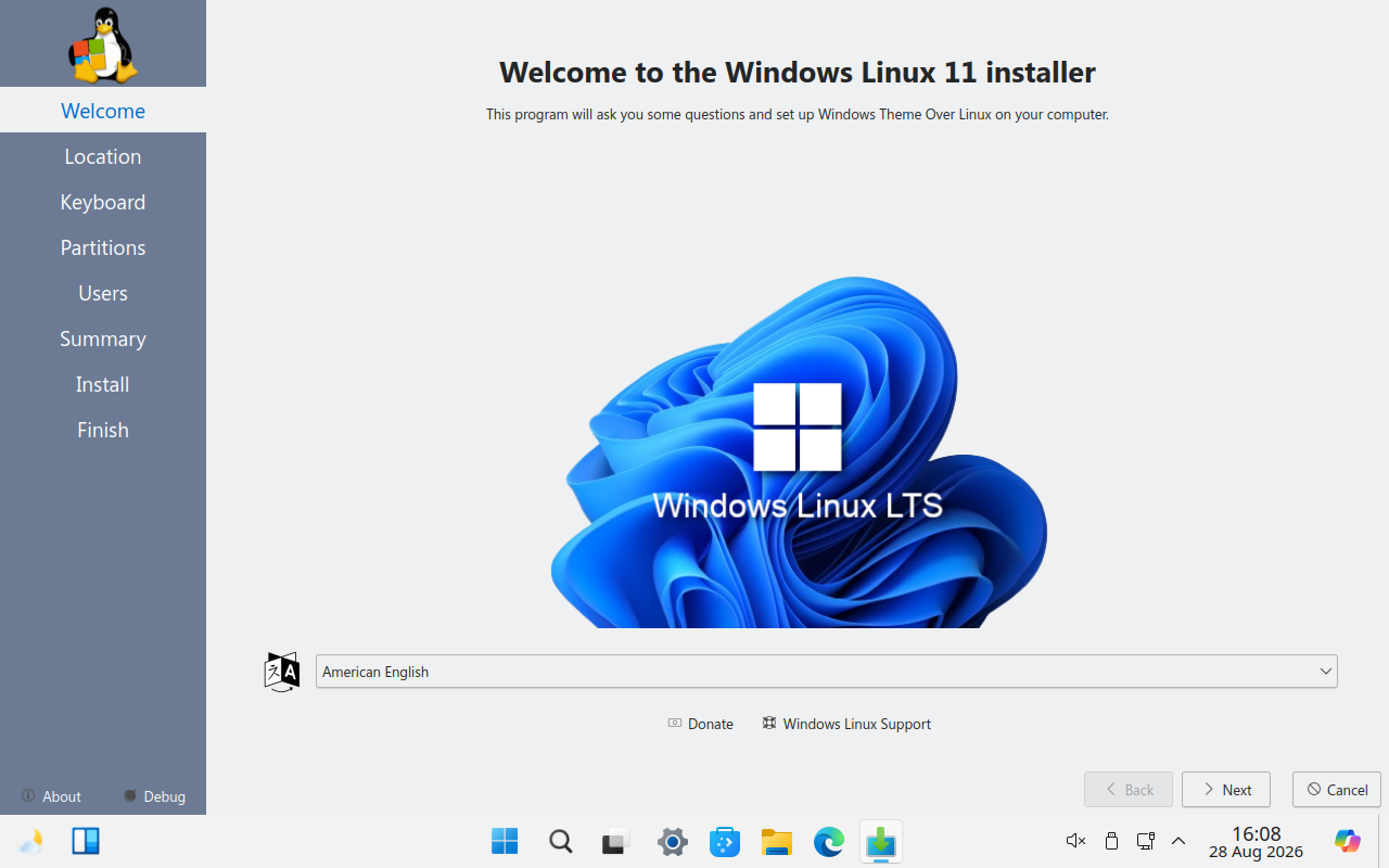 Layar Welcome pemasang Linuxfx dengan daftar tahapan di sisi kiri dan pilihan bahasa American English