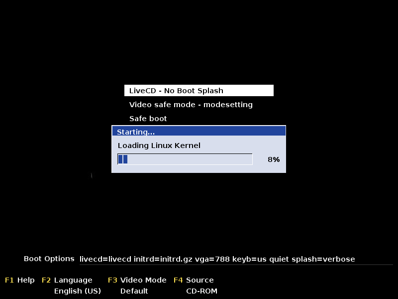 Menu boot PCLinuxOS dengan pilihan LiveCD No Boot Splash, Video safe mode, dan Safe boot