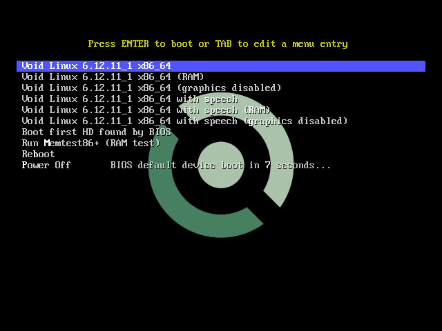 Menu boot GRUB Void Linux 6.12.11_1 x86_64 dengan pilihan boot normal, RAM, graphics disabled, with speech, Memtest86+, Reboot, dan Power Off, hitung mundur BIOS default device boot 7 detik