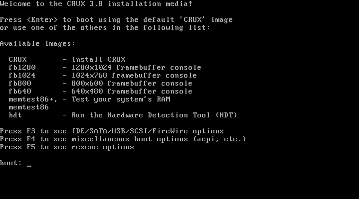 Menu boot DVD installer CRUX 3.8 dengan pilihan mode boot CRUX, framebuffer console fb1280/fb1024/fb800/fb640, memtest86, dan Hardware Detection Tool