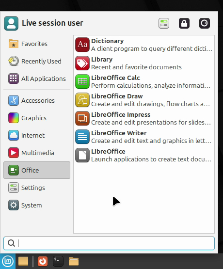 Menu aplikasi Xfce diperbesar dengan nama pengguna di bagian atas