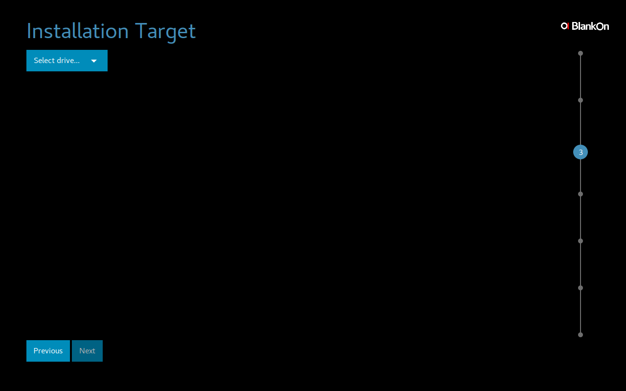 Langkah Installation Target pemasang BlankOn dengan tombol Select drive dan tombol Next dalam keadaan tidak aktif