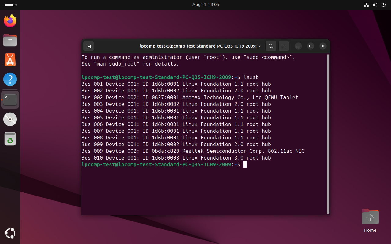 Output lsusb di terminal Ubuntu menampilkan Bus 009 Device 002: ID 0bda:c820 Realtek Semiconductor Corp 802.11ac NIC