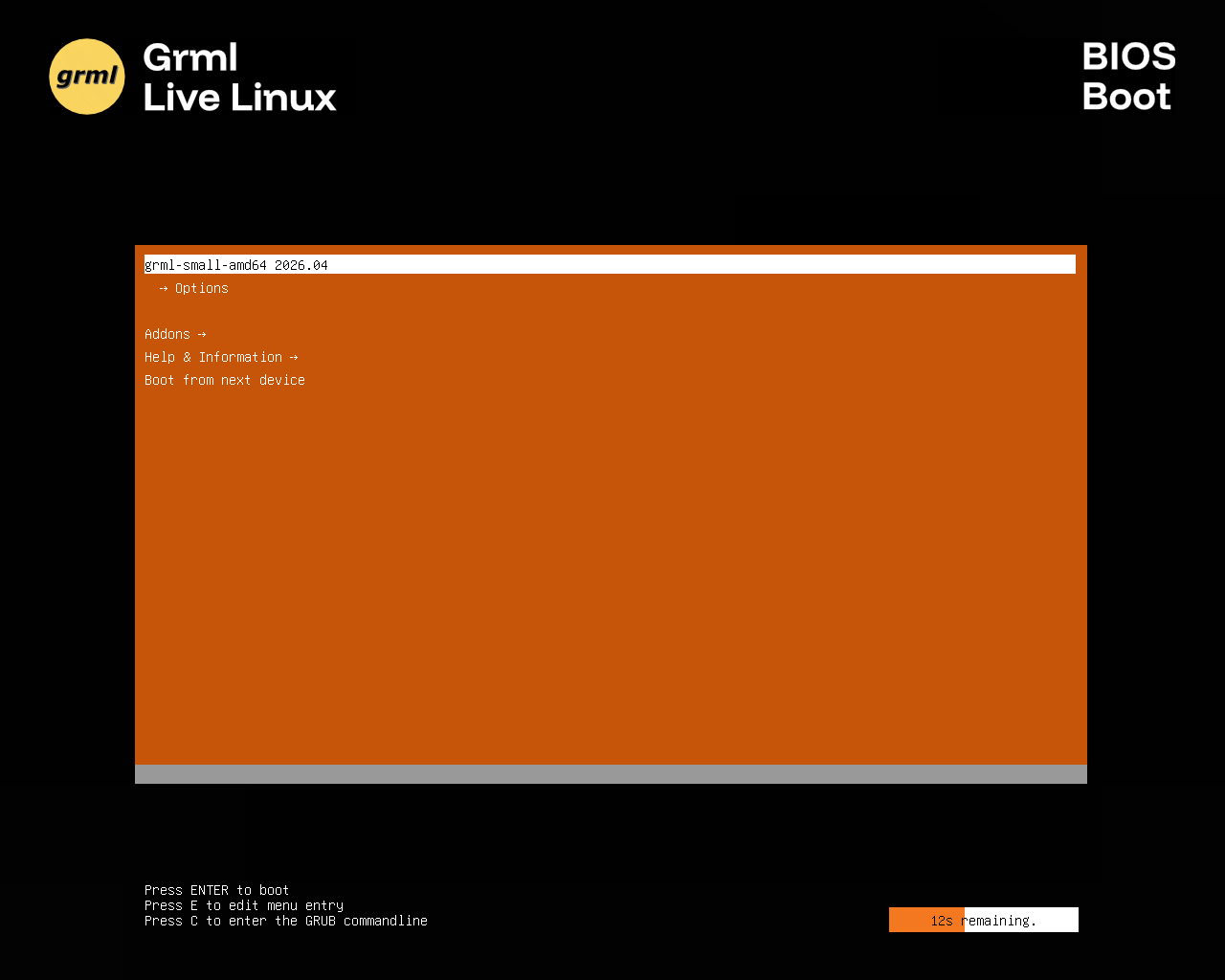 Menu boot GRML Live Linux dengan pilihan grml-small-amd64 2026.04, Options, Addons, dan Help and Information
