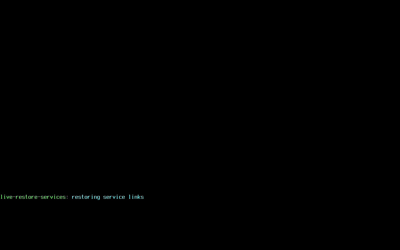 Layar boot DSL 2024 berupa layar hitam polos dengan baris teks hijau live-restore-services: restoring service links, tanpa logo atau animasi splash