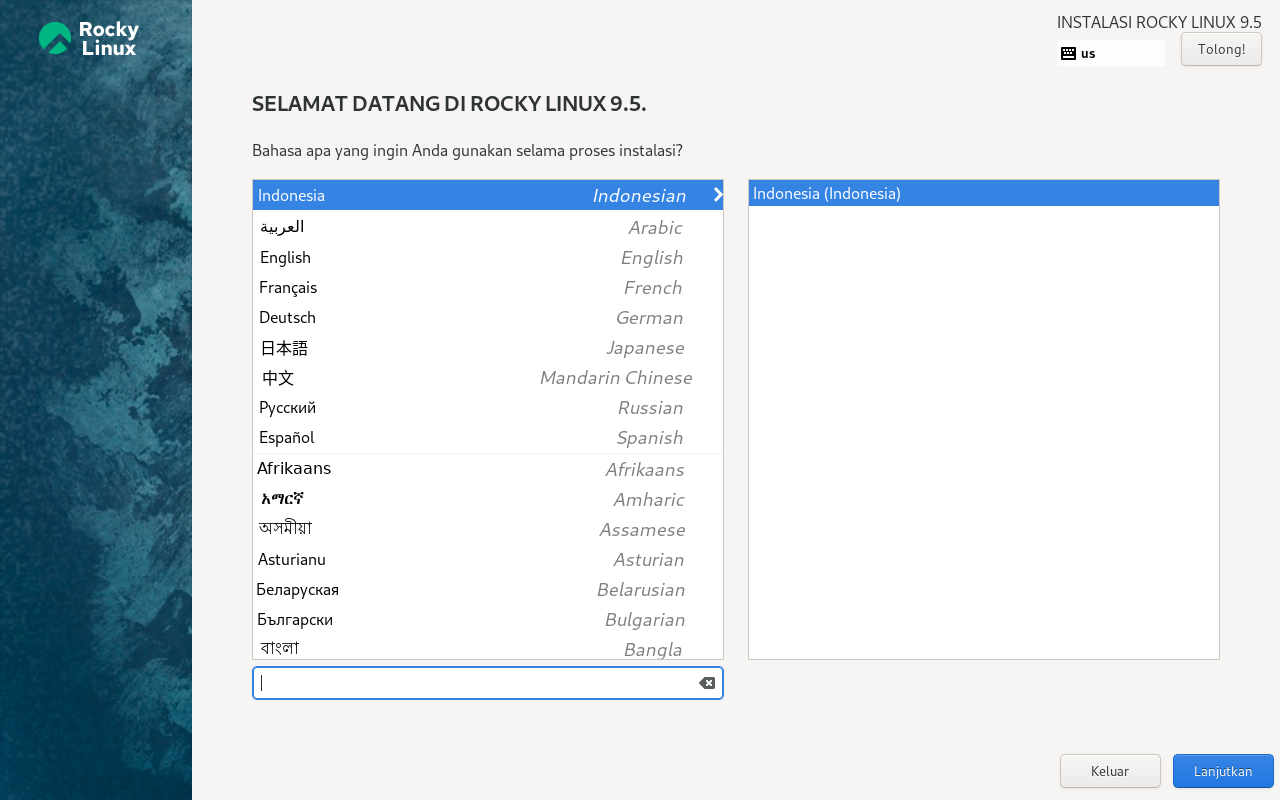 Layar pemasang Anaconda Rocky Linux 9.5 bertuliskan Selamat Datang di Rocky Linux 9.5, daftar pilihan bahasa dengan Indonesia terpilih, dan tombol Lanjutkan