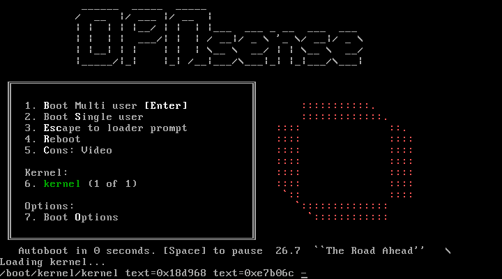 Menu boot OPNsense 26.7 dengan pilihan Boot Multi user, Boot Single user, Escape to loader prompt, Reboot, dan Cons Video, disertai hitung mundur autoboot dan tulisan The Road Ahead