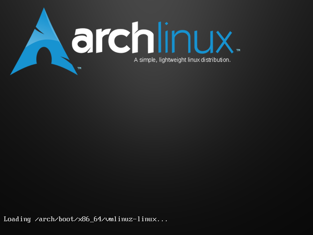Layar boot Arch Linux dengan logo dan tulisan Loading vmlinuz-linux