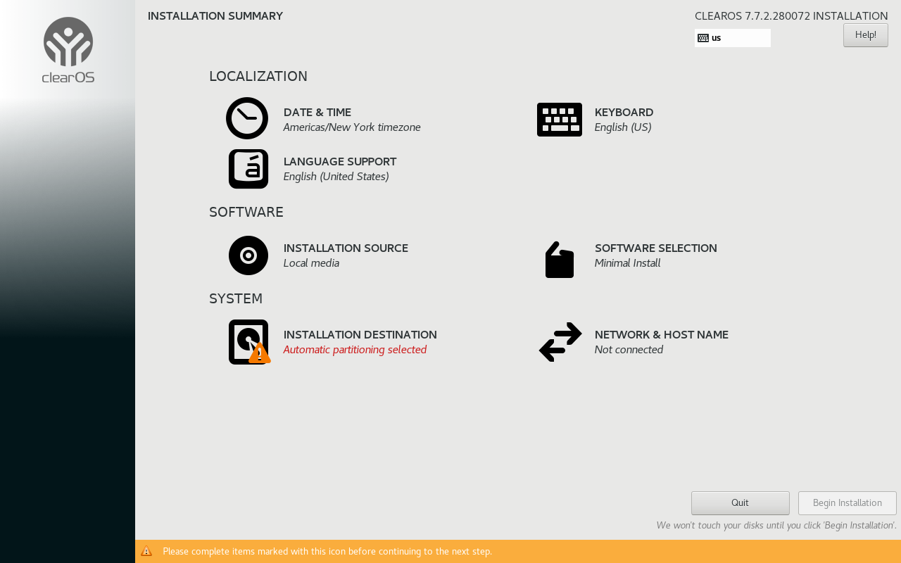 Layar Installation Summary ClearOS dengan Installation Source Local media dan Software Selection Minimal Install