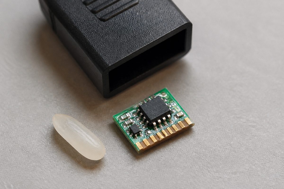 Isi dalam HDMI dummy plug: chip EEPROM kecil dan resistor di papan sirkuit mini