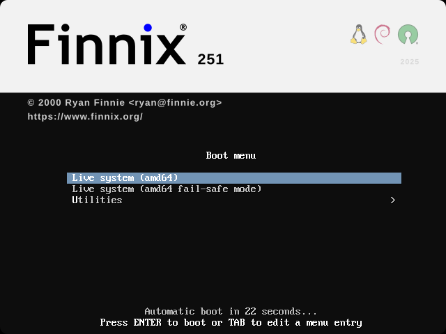 Menu boot Finnix 251 berwarna hitam dengan pilihan Live system (amd64), Live system (amd64 fail-safe mode), dan Utilities, hitung mundur boot otomatis 22 detik