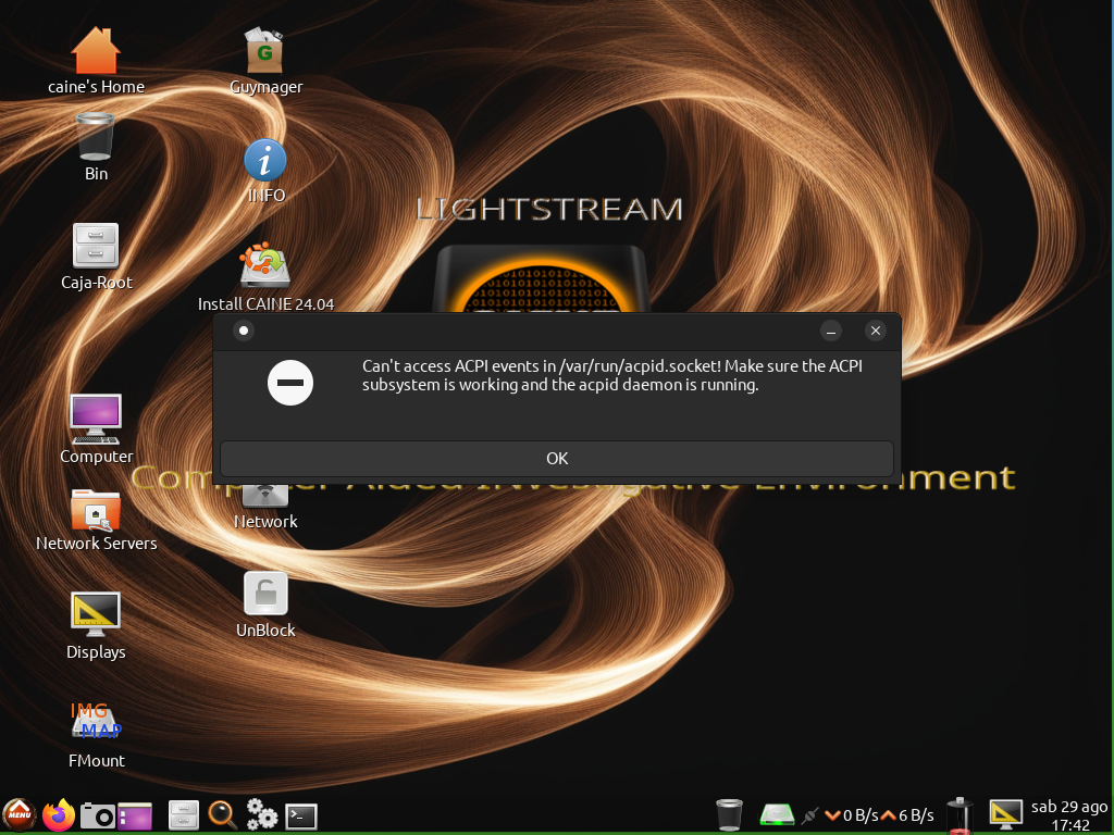 Desktop CAINE Lightstream berlatar pusaran oranye di atas hitam dengan ikon caine s Home, Bin, Caja-Root, Computer, Network Servers, Displays, FMount, Guymager, INFO, Install CAINE 24.04, Network dan UnBlock