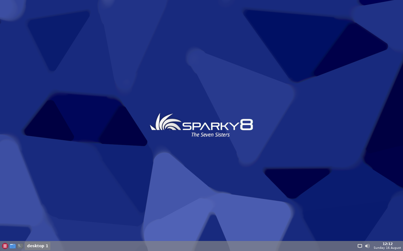 Desktop SparkyLinux 8 dengan latar biru dan panel di bagian bawah